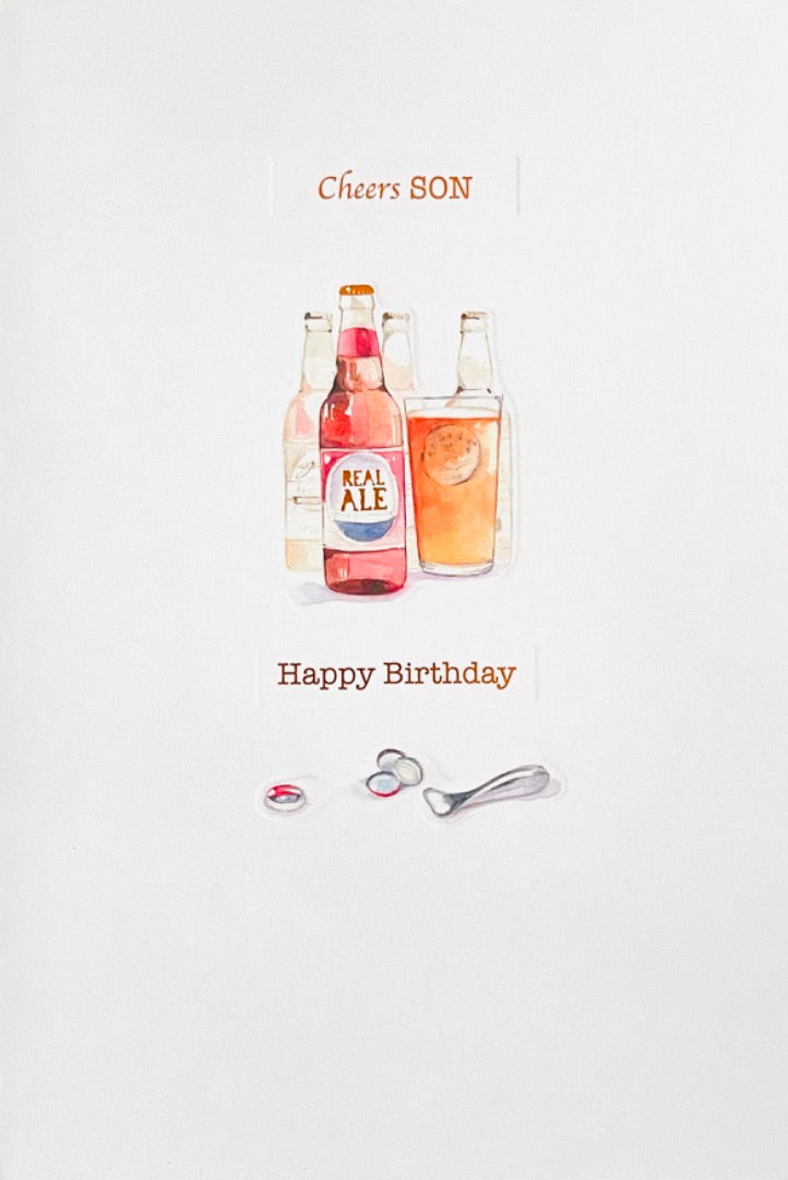 Cheers Son Happy Birthday Card Real Ale Beer Bottles Pint Watercolour Art