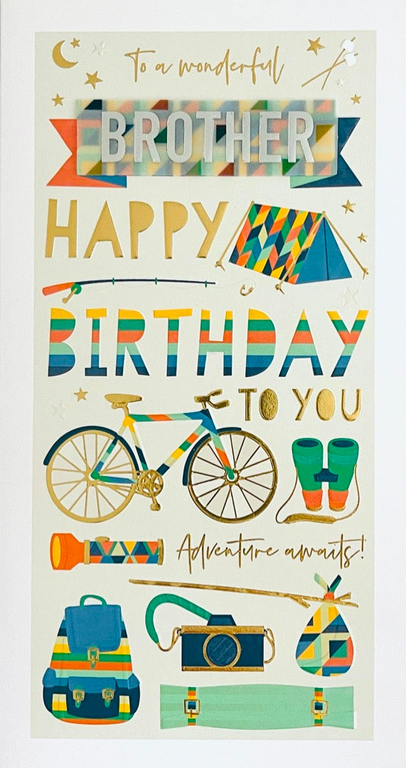 Wonderful Brother Happy Birthday Luxury Handmade Card Adventure Awaits Camping Camera Bicycle