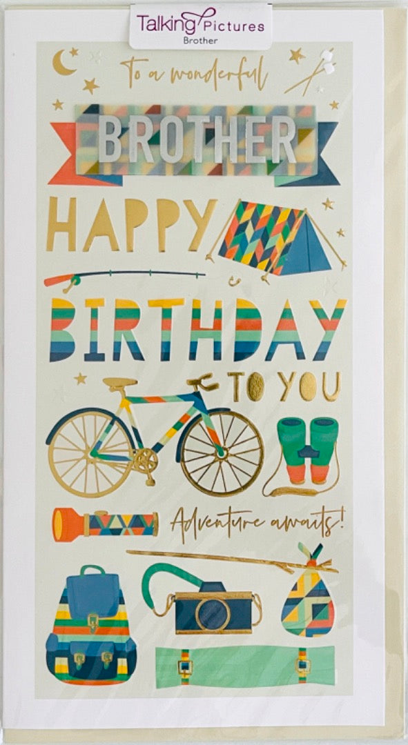 Wonderful Brother Happy Birthday Luxury Handmade Card Adventure Awaits Camping Camera Bicycle