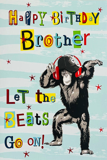 Happy Birthday Brother Let The Beats Go On Card Cool Chimpanzee with Headphones