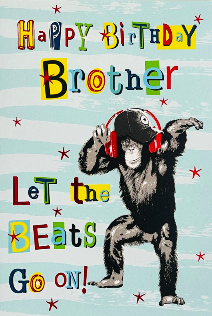 Happy Birthday Brother Let The Beats Go On Card Cool Chimpanzee with Headphones