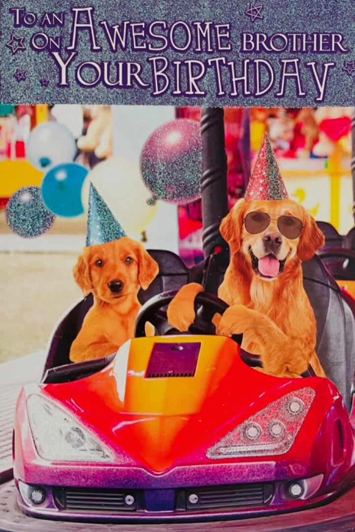 Awesome Brother Happy Birthday Card Dodgems Bumper Cars Labrador Dogs Party Hats Funny Humour