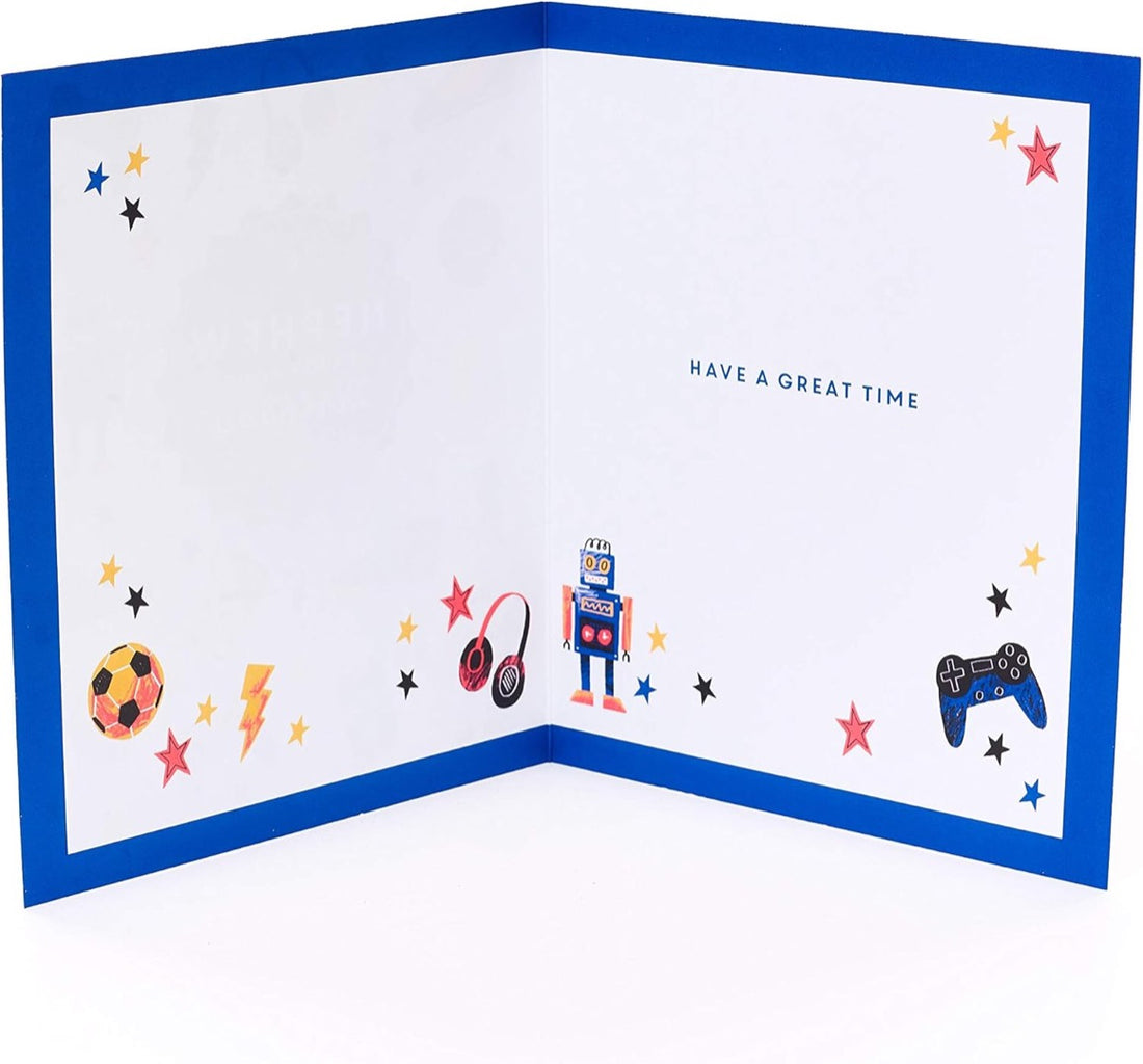 Nephew Enjoy Your Birthday Card - Cool Things Gaming Headphones Robots Football Trainers