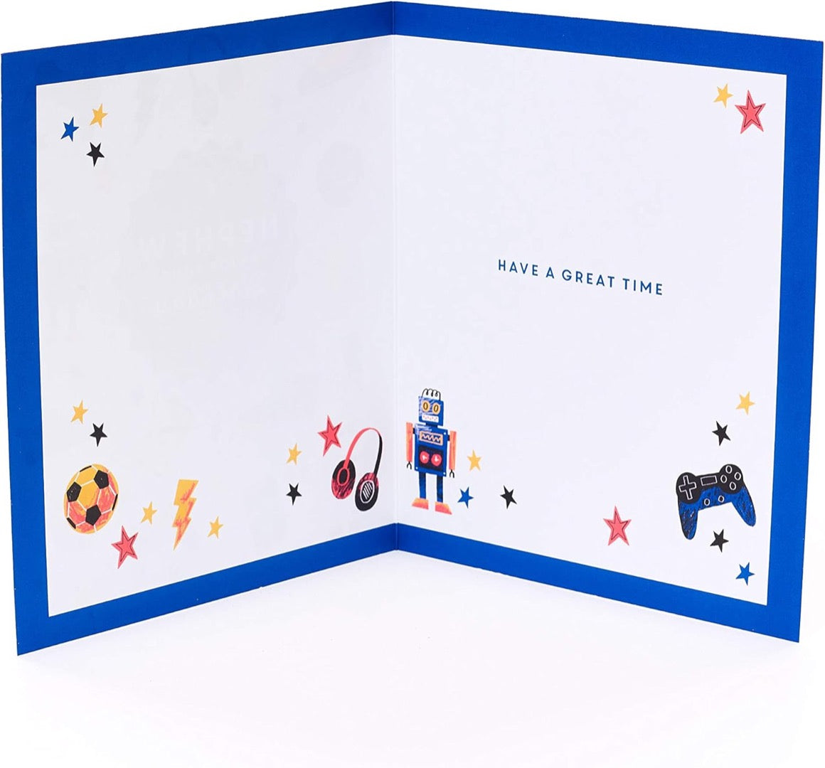 Nephew Enjoy Your Birthday Card - Cool Things Gaming Headphones Robots Football Trainers