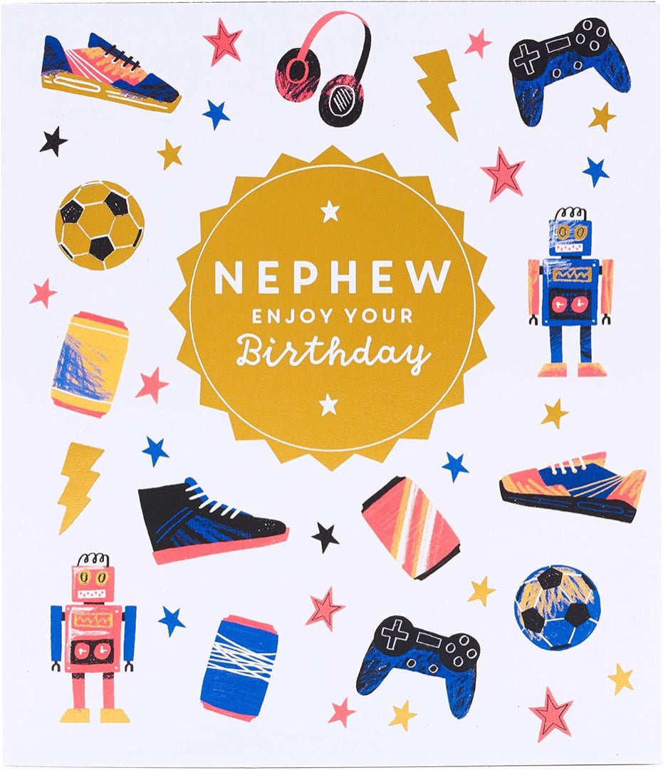 Nephew Enjoy Your Birthday Card - Cool Things Gaming Headphones Robots Football Trainers