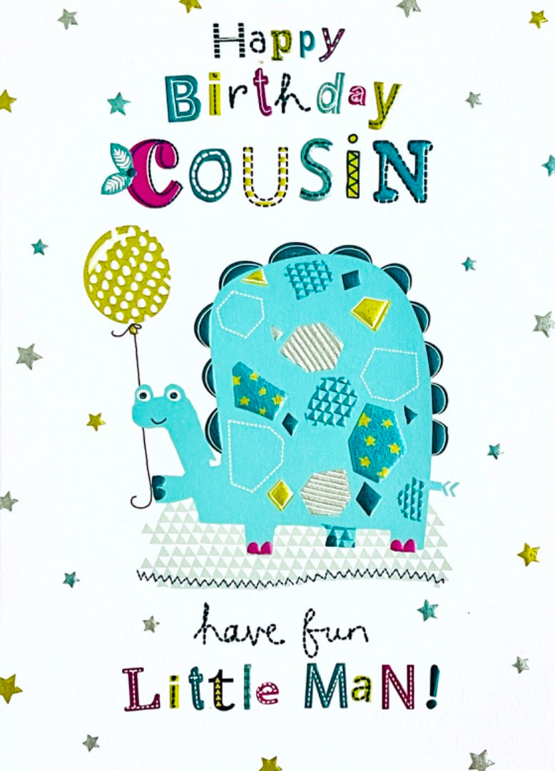 Cousin Happy Birthday Card Have Fun Little Man Dino Turtle with Balloon Stars