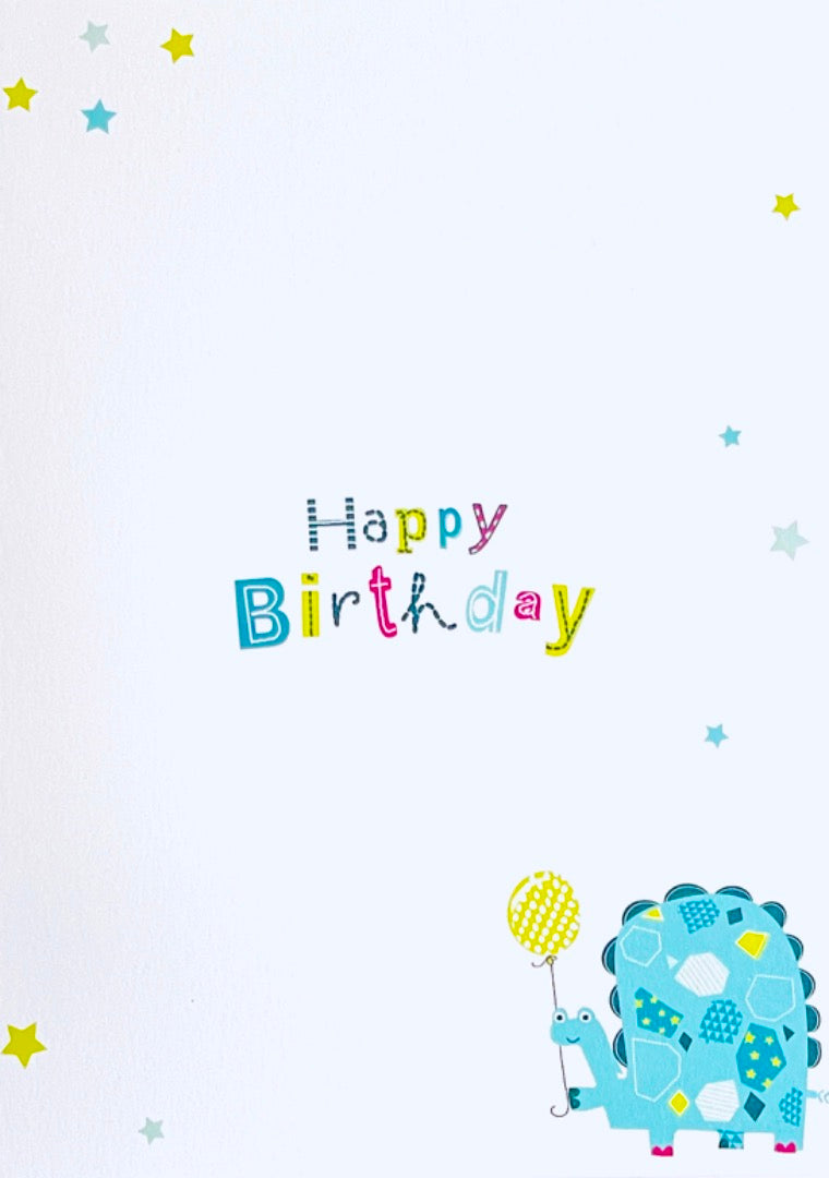 Cousin Happy Birthday Card Have Fun Little Man Dino Turtle with Balloon Stars