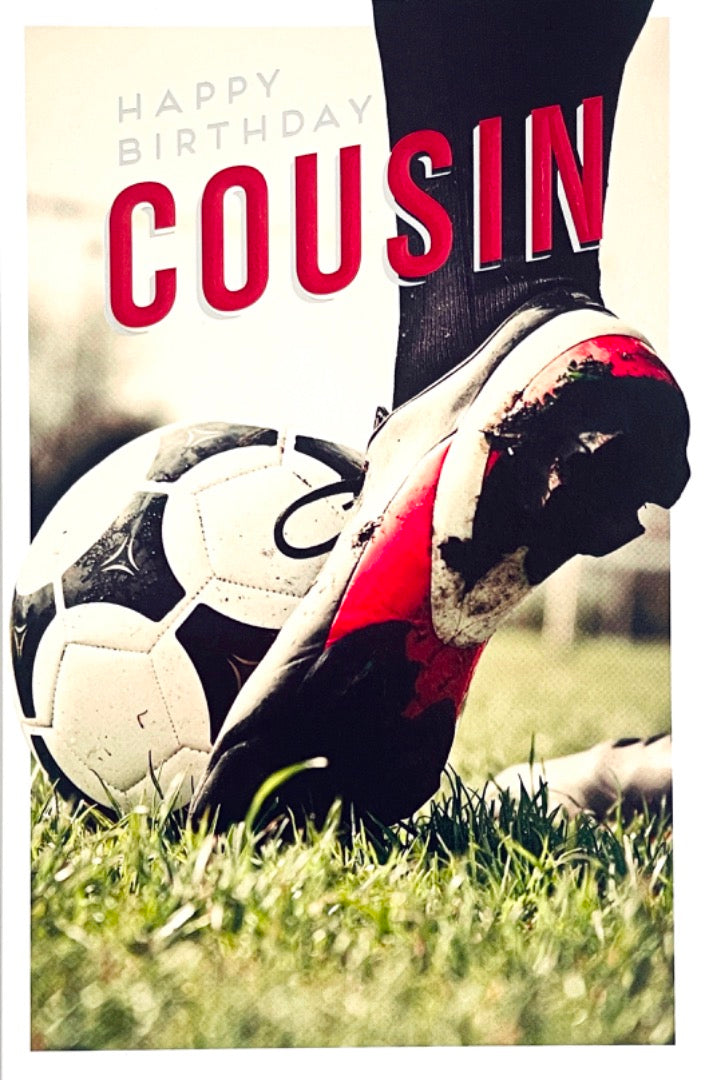 Cousin Happy Birthday Card Football Pitch Footy Fan Kick Off