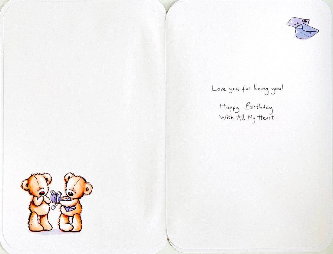 Husband Happy Birthday Card with All My Heart - Teddy Bears in Love Cuddle on Sofa