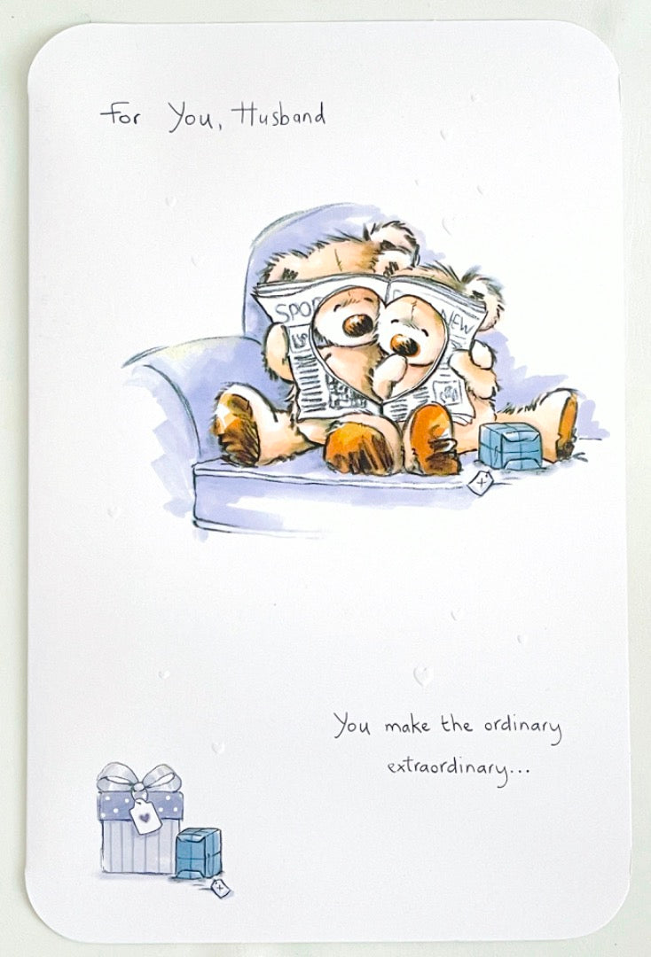 Husband Happy Birthday Card with All My Heart - Teddy Bears in Love Cuddle on Sofa