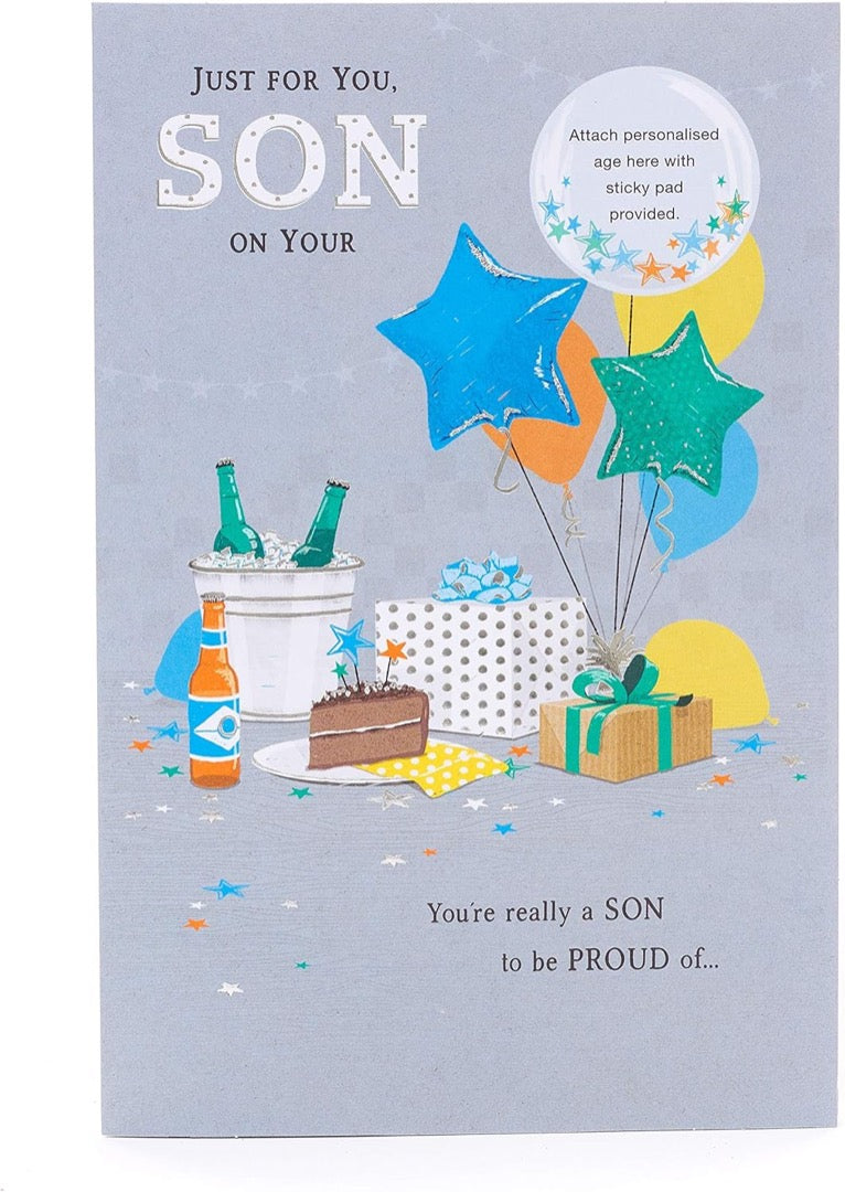 Son To Be Proud Of Birthday Card Personalise For Age 18th, 21st, 30th Party Cake Drinks Gifts Balloons Art