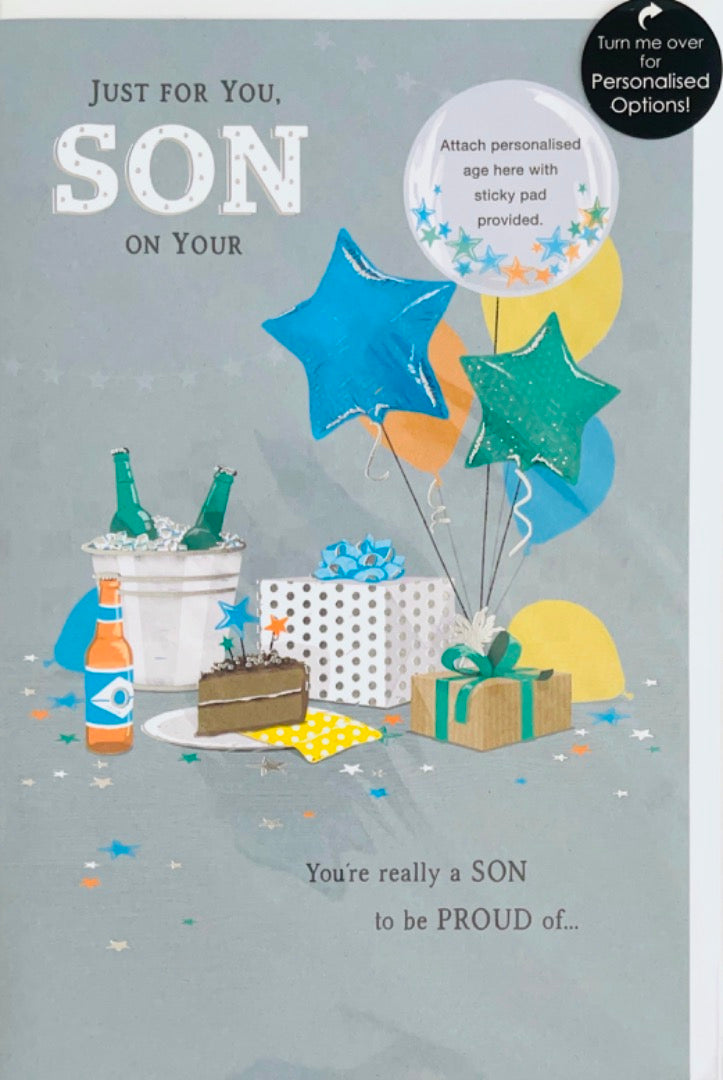 Son To Be Proud Of Birthday Card Personalise For Age 18th, 21st, 30th Party Cake Drinks Gifts Balloons Art
