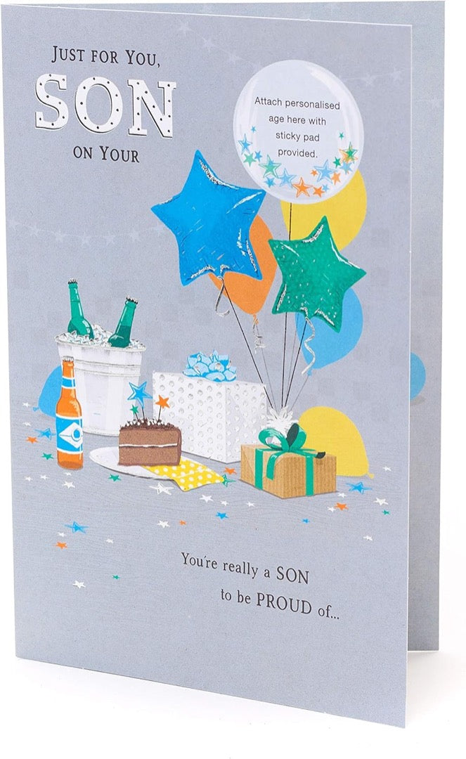 Son To Be Proud Of Birthday Card Personalise For Age 18th, 21st, 30th Party Cake Drinks Gifts Balloons Art