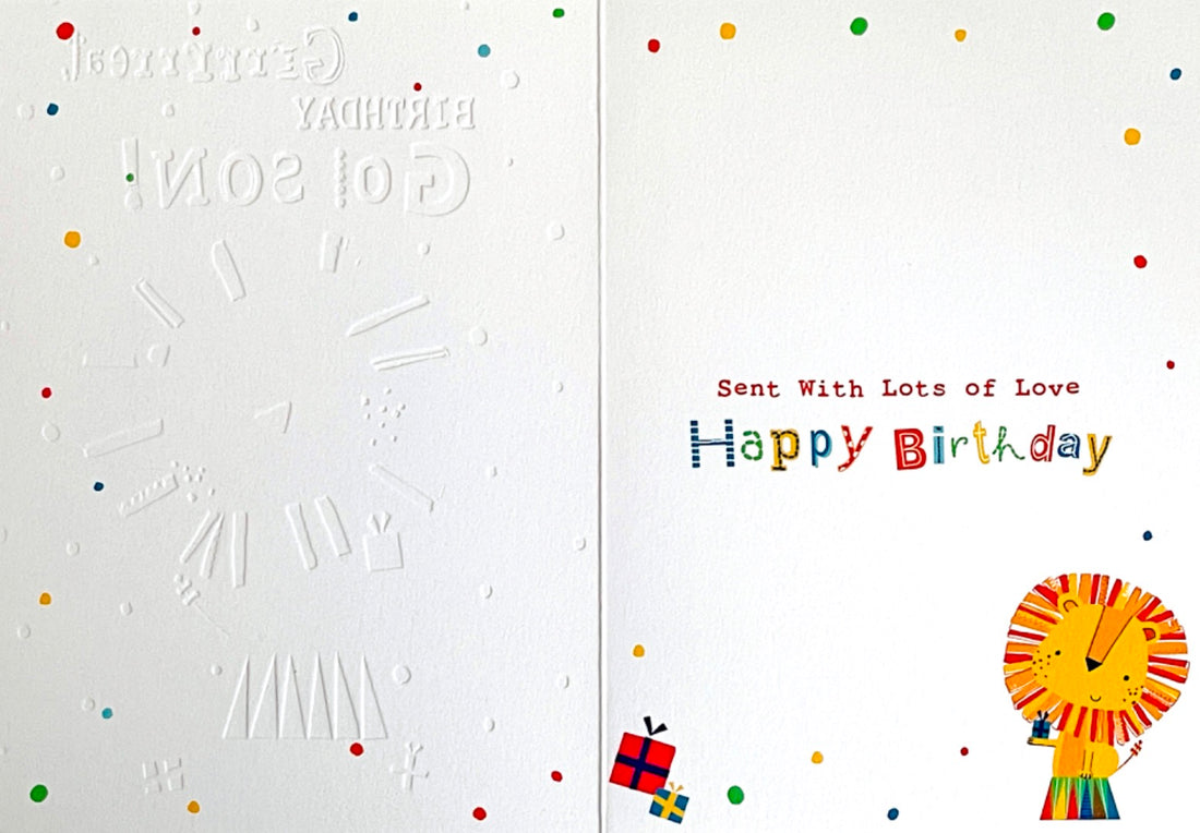 Godson Have A Really Grrrrrreat Birthday Card Happy Lion with Gifts Colourful Foil
