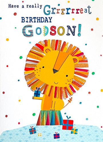 Godson Have A Really Grrrrrreat Birthday Card Happy Lion with Gifts Colourful Foil