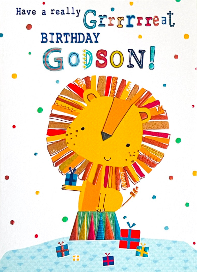 Godson Have A Really Grrrrrreat Birthday Card Happy Lion with Gifts Colourful Foil