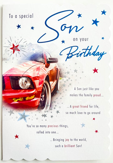 To A Special Son on Your Birthday Card with Lovely Verse - Red Sports Car Art