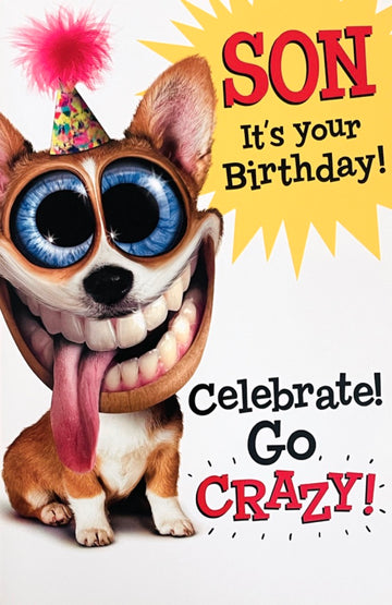 Awesome Son Its Your Birthday Card Celebrate Go Crazy Dog Party Funny Humour