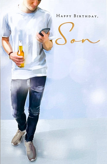 Son Happy Birthday Card - Stylish Young Man With Beer and Mobile Watercolour Contemporary Art