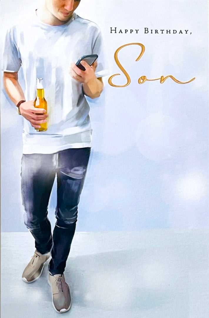 Son Happy Birthday Card - Stylish Young Man With Beer and Mobile Watercolour Contemporary Art
