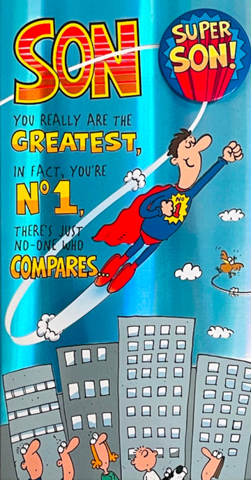 Our Super Duper Son Birthday Card with Keepsake Badge Greatest No.1 Funny Humour