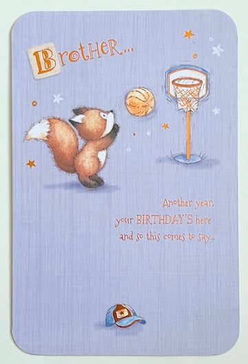 Brother Happy Birthday Card Fox Playing Basketball Shooting Hoops Cute Illustration