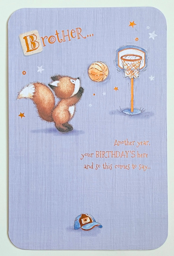 Brother Happy Birthday Card Fox Playing Basketball Shooting Hoops Cute Illustration