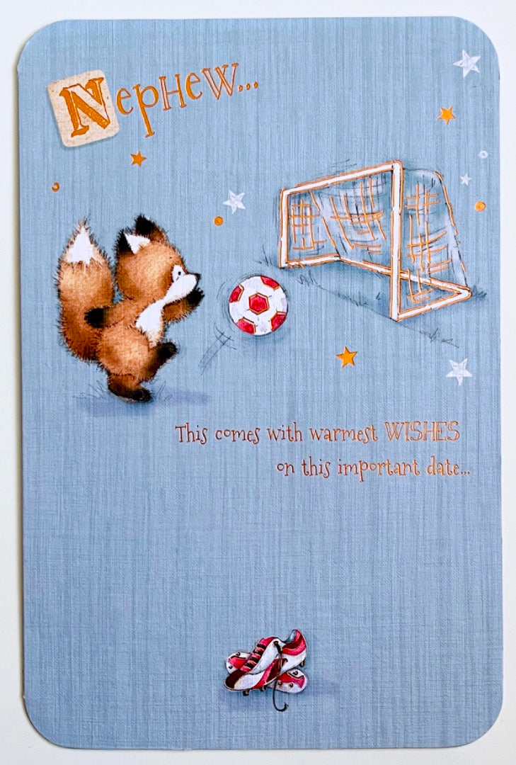 Nephew Happy Birthday Card Fox Playing Football Footy Goalpost Cute Illustration