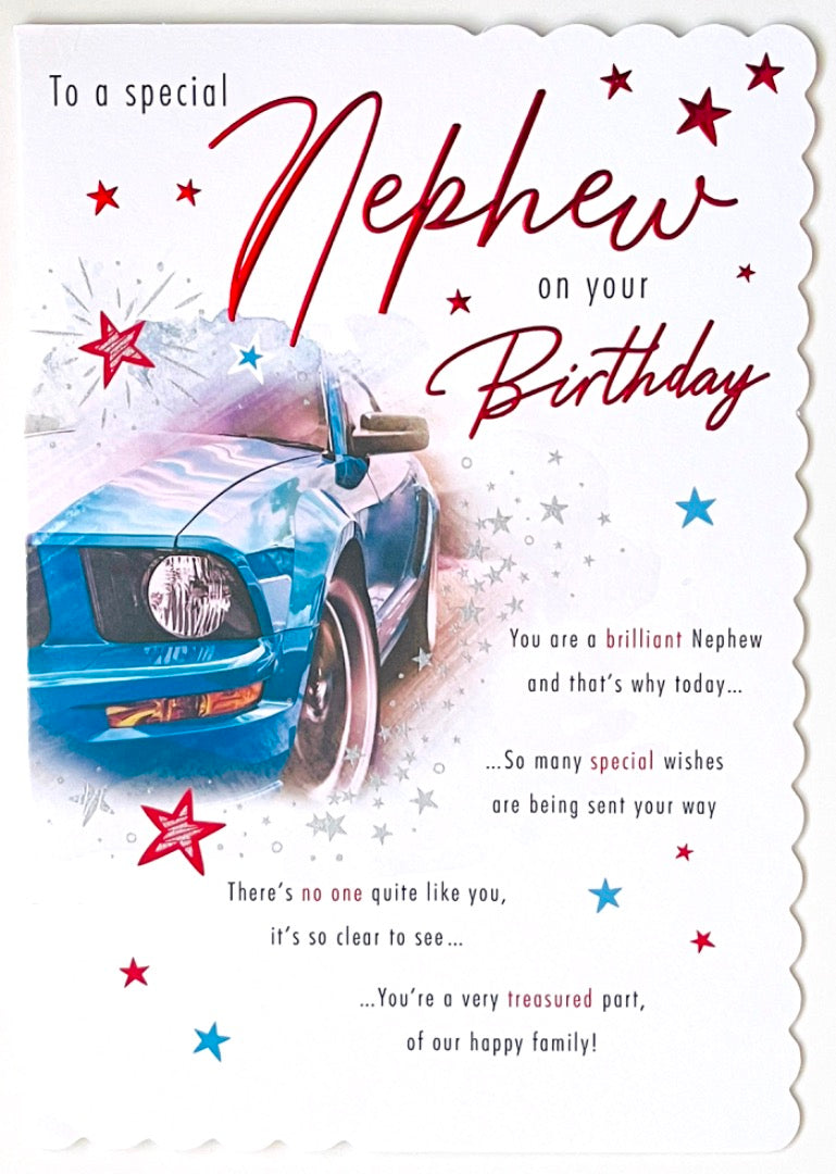 To A Special Nephew on Your Birthday Card with Lovely Verse - Blue Sports Car Art