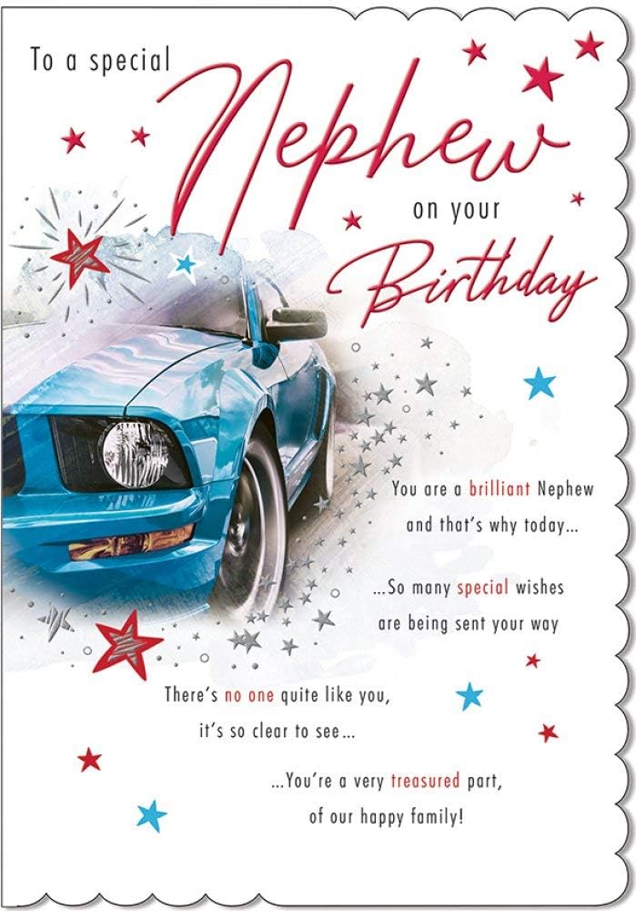 To A Special Nephew on Your Birthday Card with Lovely Verse - Blue Sports Car Art