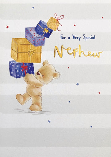 For A Very Special Nephew Happy Birthday Card Cute Teddy Bear With Gifts Nutmeg