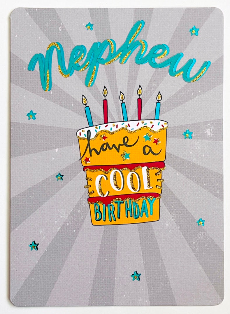 Nephew Have A Cool Birthday Card Cake with Candles Foil Glitter Contemporary Art