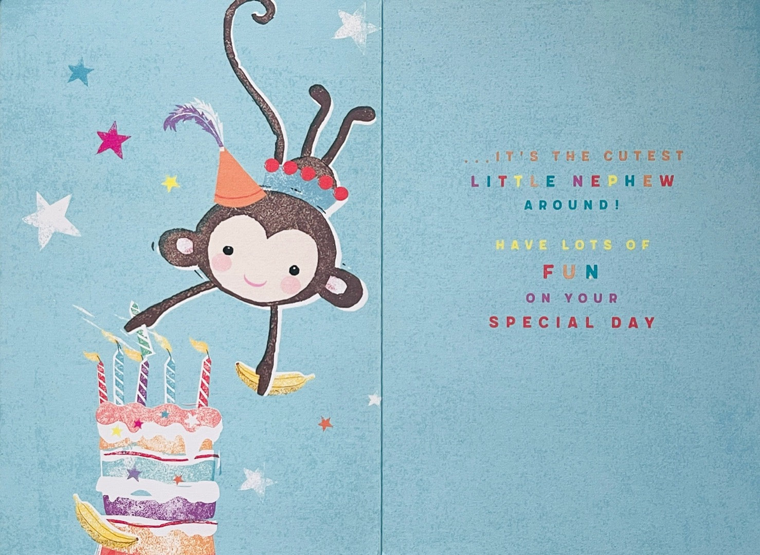 Nephew Birthday Card Cutest Little Monkey Cake and Candles Time Glitter Art Carnival