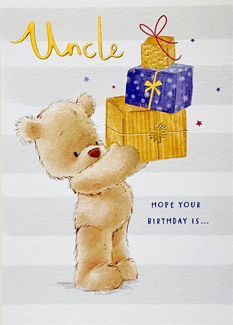 Uncle Hope Your Birthday Is As Brilliant As You Card Cute Teddy Bear With Gifts Nutmeg