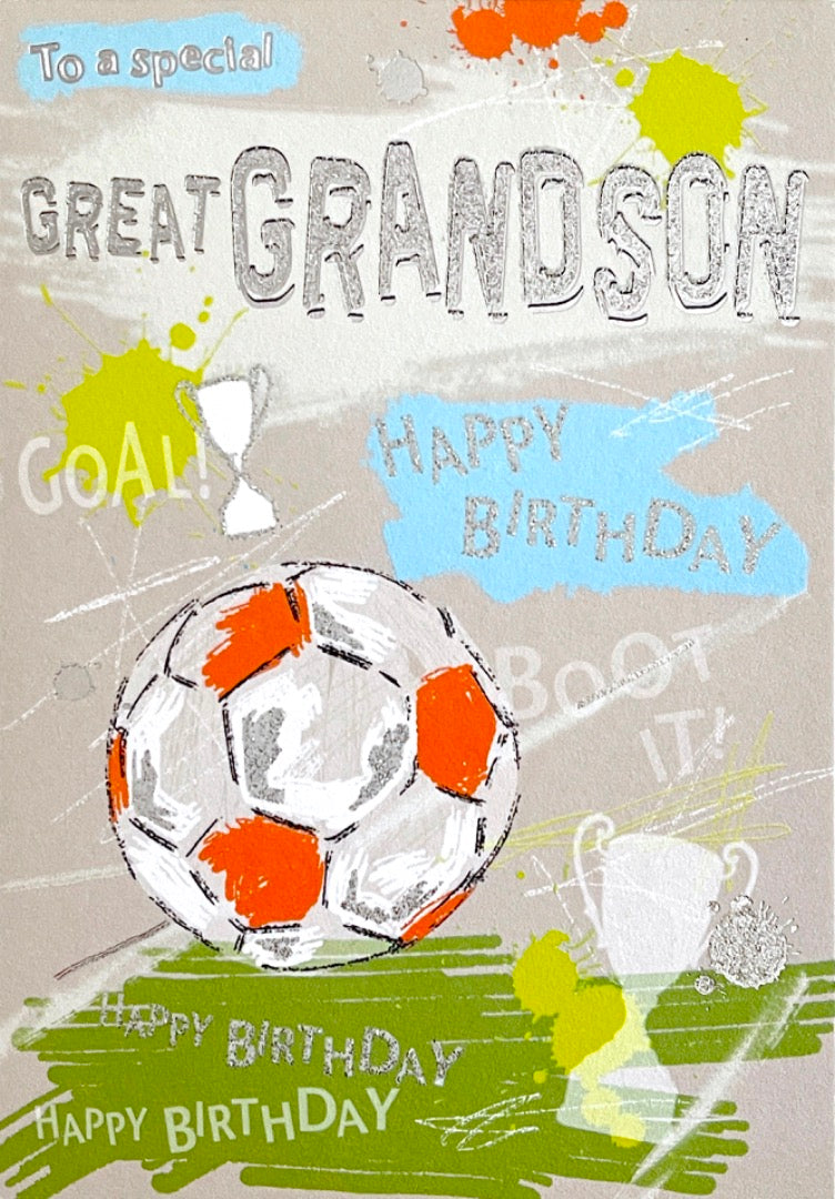 To a Special Great Grandson Happy Birthday Card Football Trophy Goal Foil Art