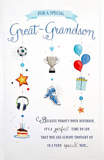Special Great Grandson Happy Birthday Card Football Trophy Cake Balloons Music Gifts