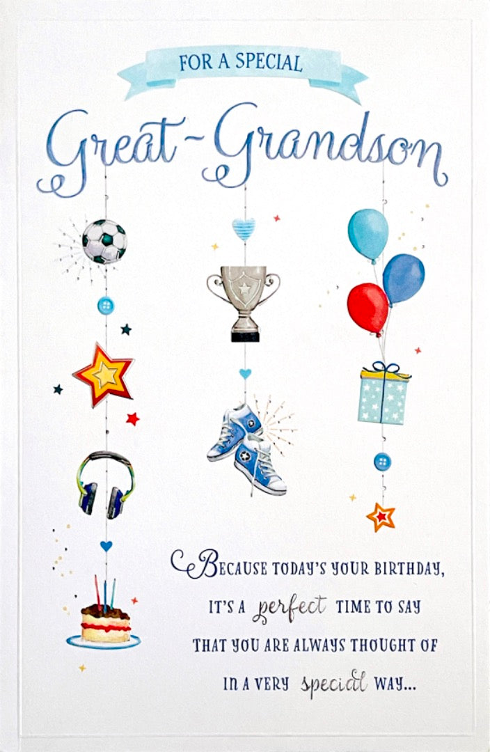 Special Great Grandson Happy Birthday Card Football Trophy Cake Balloons Music Gifts
