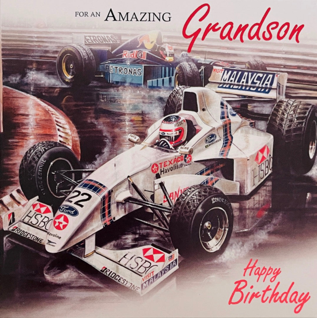 For An Amazing Grandson Happy Birthday Card Classic  F1 Racing Cars MotorSports