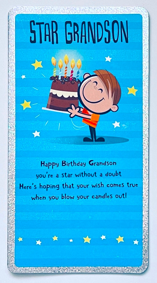 Star Grandson Happy Birthday Card Colourful Candles on Large Chocolate Cake