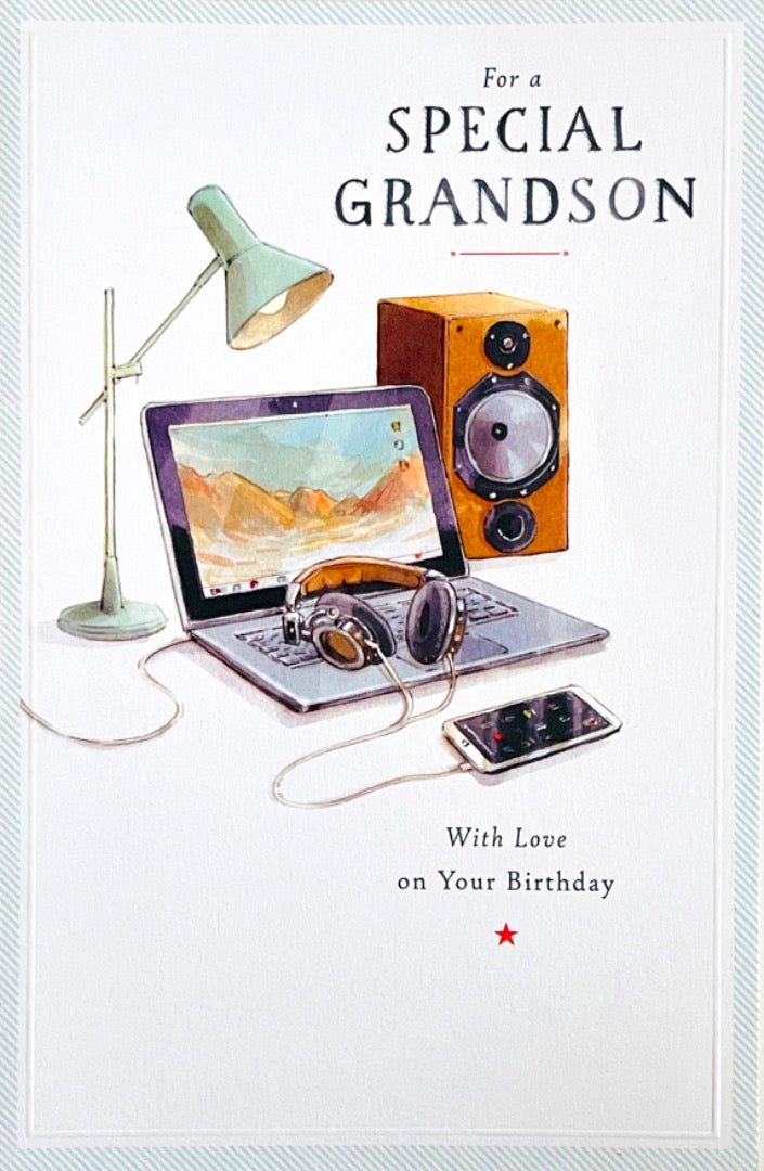 Special Grandson Happy Birthday Card Laptop Music Tech Study Watercolour Art