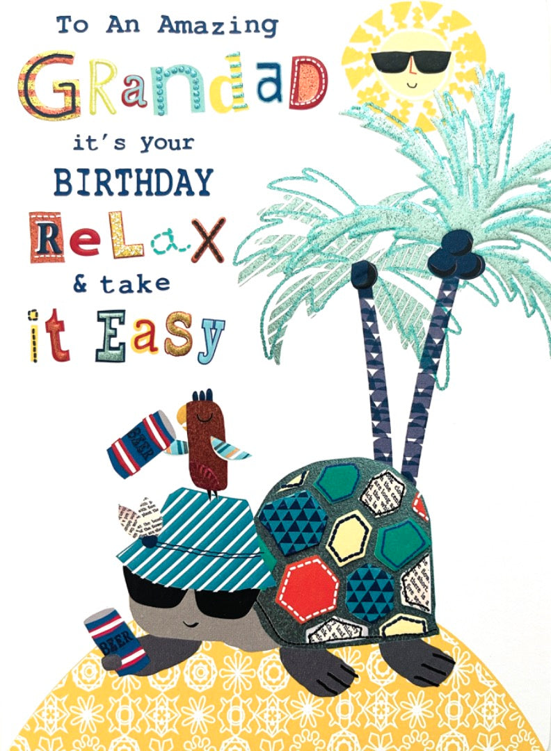 Amazing Grandad Happy Birthday Card Relax Turtle & Parrot Enjoy Beer on Sunny Holiday Island Palm Trees