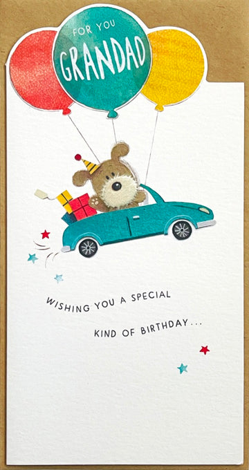 Grandad Happy Birthday Card Lots of Love Dog in Car With Balloons Watercolour Art