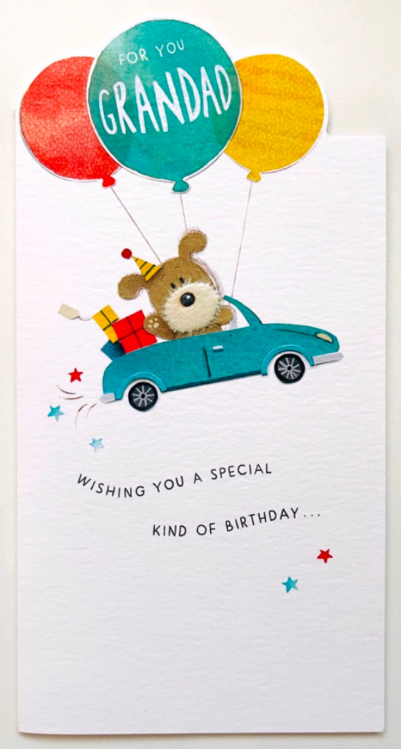 Grandad Happy Birthday Card Lots of Love Dog in Car With Balloons Watercolour Art