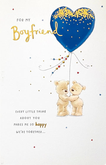 For My Boyfriend Happy Birthday Card with Love Cute Teddy Bears Holding Heart Balloon - Nutmeg