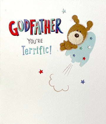 Godfather You're Terrific Father's Day Card - Lots Of Woof Dog on Flying Rocket