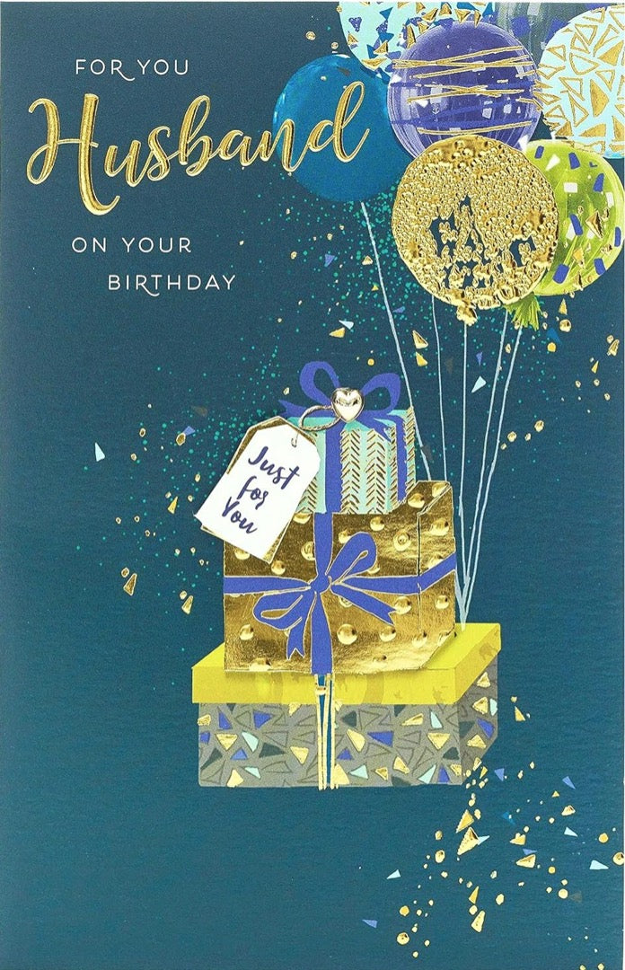 For You Husband Happy Birthday Card wIth Love Gifts and Balloons Contemporary Art