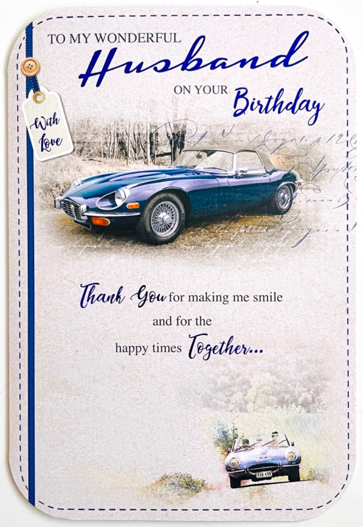 Wonderful Husband Birthday Card with Lovely Thank You Verse - Classic Sports Car