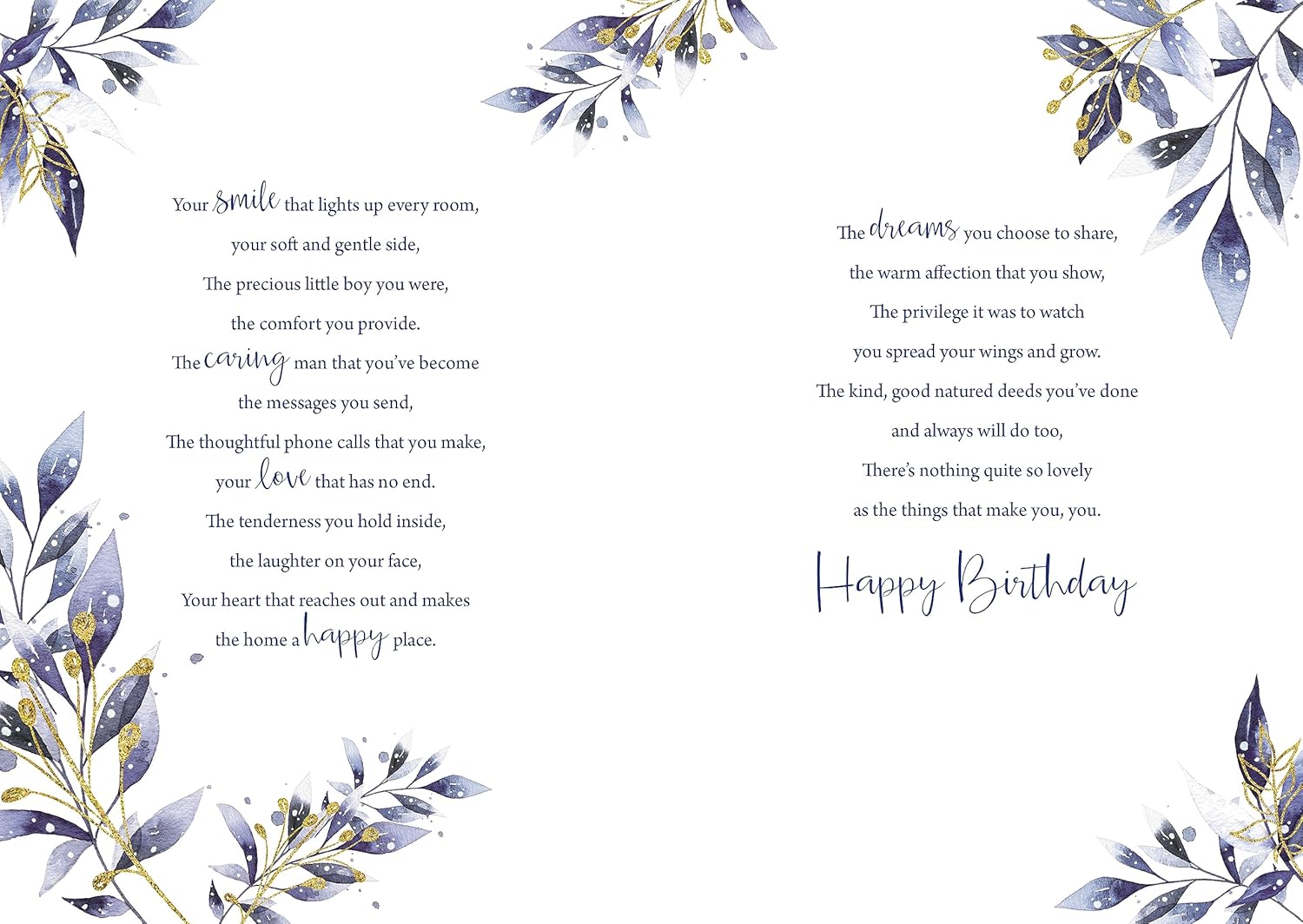 Son Birthday Card With Lovely Verse Luxury Gold Foil Watercolour Art - Cherished Keepsake