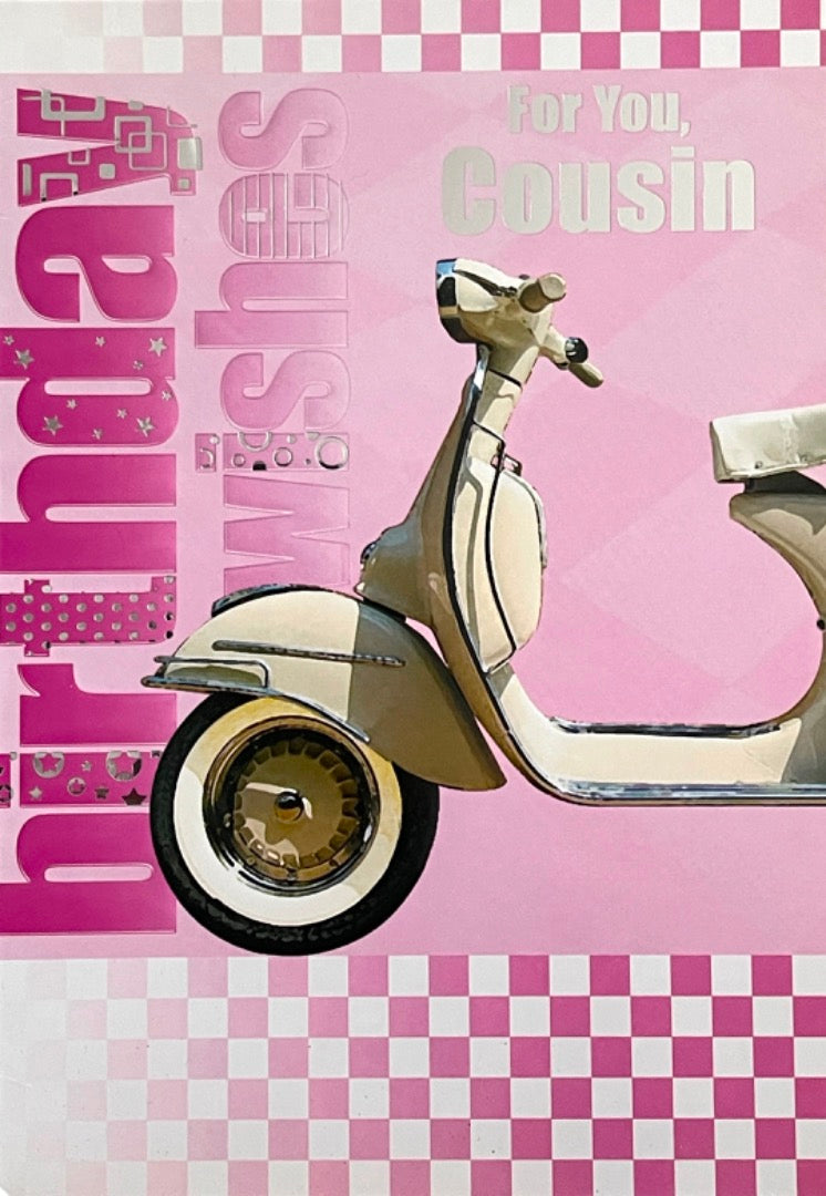 Cousin Happy Birthday Card with Love Classic Iconic Vespa Scooter Art Design