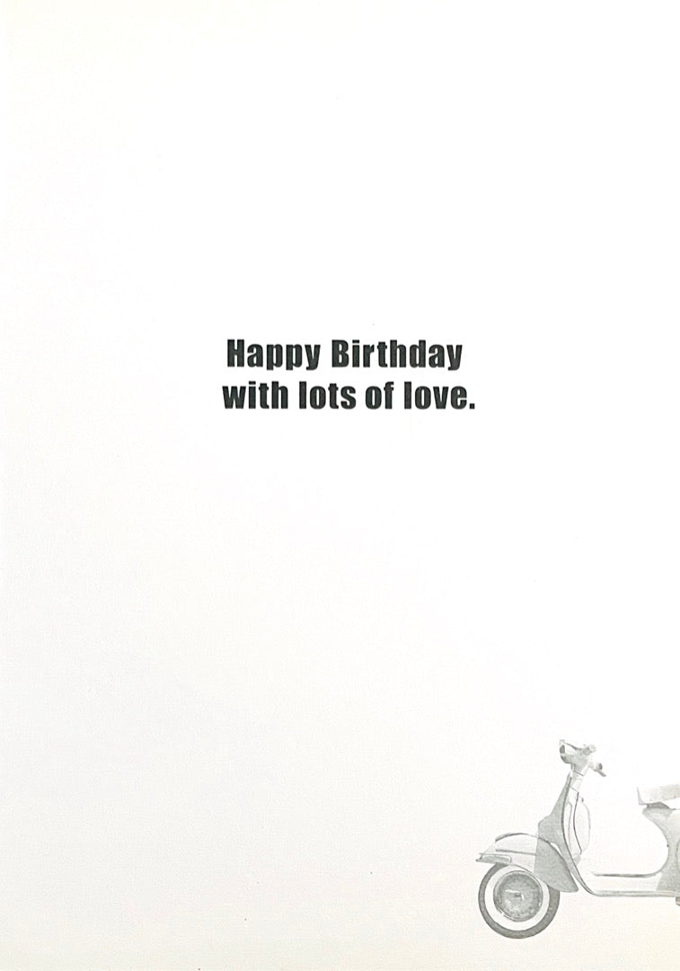 Cousin Happy Birthday Card with Love Classic Iconic Vespa Scooter Art Design